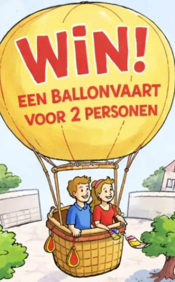 Getekende luchtballon met de tekst: win een ballonvaart voor 2 personen